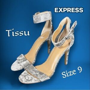 Express Velour Special Occasion Party Cocktail Open Toe Heels Silver Size 9